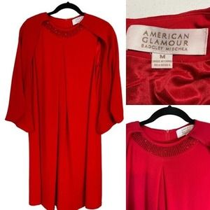 Badgley Mischka Cape Dress Red Chiffon w/Red Sequin Neckline Size M GORGEOUS!